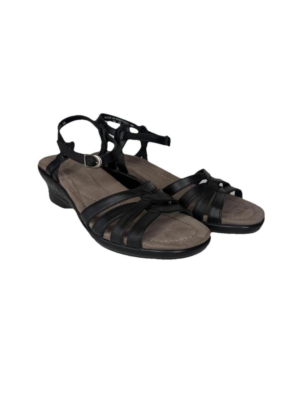 Dansko Sandals Womens 38 Open Toe Strappy Wedge Slingback Black Leather Buckle